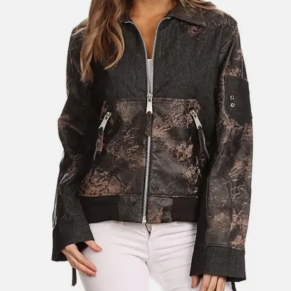 NWOT Women's H &D Classic Leather Collection Denim & Brown Acid Wash Jacket